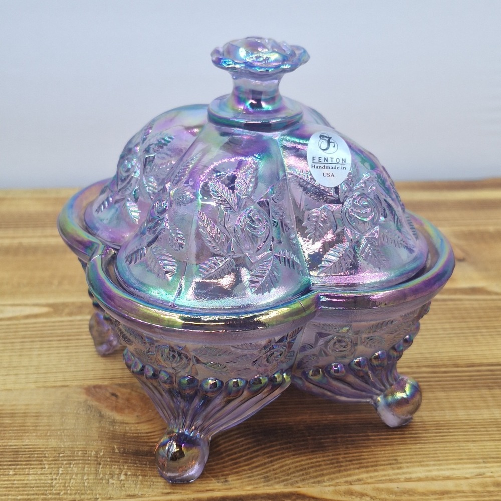 Vintage FENTON Purple Iridescent Carnival Glass Candy Dish Trinket Box Stickered